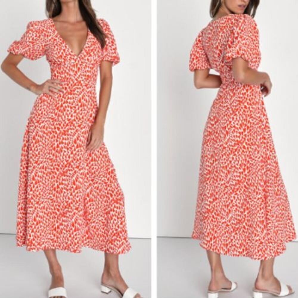 Lulus Orange White Heart Print Puff Sleeve V-Neck Midi Dress Size M Romantic - Picture 3 of 5
